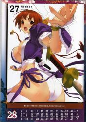 Rule 34 | 1girl, absurdres, ass, back, blush, boots, bow, braid, breasts, brown eyes, brown hair, cleavage, dead or alive, elbow gloves, fighting stance, from behind, gloves, hair bow, hair ornament, highres, kasumi (doa), large breasts, legs, long hair, looking back, open mouth, panties, pantyshot, queen&#039;s blade, queen&#039;s gate, sanbasou, solo, sword, tearing clothes, tecmo, thick thighs, thighhighs, thighs, torn clothes, twin braids, underwear, weapon, white thighhighs, wince