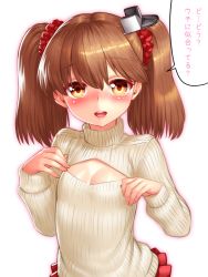 Rule 34 | 10s, 1girl, :d, alternate costume, blush, breasts, brown eyes, brown hair, cleavage, cleavage cutout, clothing cutout, kantai collection, long hair, looking at viewer, meme attire, open-chest sweater, open mouth, ribbed sweater, ryuujou (kancolle), scrunchie, simple background, small breasts, smile, solo, sweater, translated, turtleneck, twintails, visor cap, white background, yapo (croquis side)