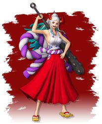 Rule 34 | 1girl, 3d, armpits, blue hair, breasts, club, club (weapon), curled horns, earrings, feet, female focus, full body, geta, hair ornament, hair stick, hakama, hakama pants, hand on own hip, highres, hip vent, holding, holding weapon, hoop earrings, horns, japanese clothes, jewelry, kanabou, kimono, large breasts, long hair, looking at viewer, multicolored hair, multicolored horns, official art, one piece, one piece: pirate warriors, orange eyes, pants, ponytail, red background, red hakama, red horns, rope, shimenawa, sideboob, sleeveless, sleeveless kimono, smile, solo, solo focus, toes, two-tone hair, very long hair, weapon, white hair, yamato (one piece)
