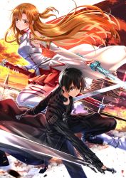 Rule 34 | 1boy, 1girl, armor, asuna (sao), bare shoulders, black coat, black eyes, black hair, black shirt, black trousers, braid, breastplate, brown eyes, brown hair, coat, commentary request, dual wielding, french braid, highres, holding, holding sword, holding weapon, kirito, long hair, looking at viewer, red skirt, sheath, shirt, short hair, skirt, sword, sword art online, swordsouls, thighhighs, weapon, white armor, white shirt, white thighhighs, zettai ryouiki