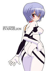 Rule 34 | 1girl, ass, ayanami rei, blue hair, blush, bodysuit, breasts, clenched hand, copyright name, covered erect nipples, embarrassed, eyebrows, gloves, hair between eyes, hip focus, impossible bodysuit, impossible clothes, legs together, looking at viewer, looking back, medium breasts, neon genesis evangelion, open hand, parted bangs, parted lips, pilot suit, plugsuit, red eyes, shishimaru ken&#039;ya, short hair, simple background, skin tight, solo, standing, thighs, turtleneck, white background