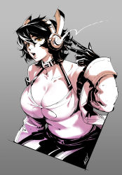 Rule 34 | 1girl, belly, black gloves, black hair, borrowed character, breasts, brown eyes, cleavage, commentary, cropped legs, english commentary, from above, gloves, grey background, head tilt, headphones, highres, jacket, large breasts, limited palette, looking at viewer, open mouth, original, plump, short hair, solo, tweedledraws, v, white jacket