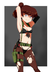 Rule 34 | 1girl, armpits, arms behind head, arms up, blue eyes, body freckles, breasts, brown hair, collarbone, cosplay, female focus, freckles, front-tie top, frown, gloves, high ponytail, highleg, highleg panties, highres, holster, jcm2, knife, looking at viewer, lynn loud, metal gear (series), metal gear solid v: the phantom pain, navel, panties, pantyhose, quiet (metal gear), quiet (metal gear) (cosplay), single glove, small breasts, solo, standing, the loud house, torn clothes, torn pantyhose, underwear