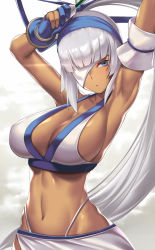 Rule 34 | 1girl, armpits, arms up, arrow (projectile), bare shoulders, blue eyes, blue gloves, blunt bangs, breasts, cleavage, collarbone, dark-skinned female, dark skin, eyepatch, gloves, hairband, highres, large breasts, long hair, looking at viewer, majikina mina, navel, open mouth, partially fingerless gloves, ponytail, samurai spirits, sarong, sideboob, sidelocks, solo, takanashi-a, very long hair, white hair, white sarong