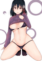 Rule 34 | 10s, 1girl, alternate costume, arm support, bikini, bikini under clothes, black hair, blush, breasts, brown eyes, casual, clothes lift, haguro (kancolle), hair ornament, highres, kantai collection, kinryuu, kneeling, large breasts, lifted by self, looking at viewer, micro bikini, navel, open mouth, shirt, shirt lift, solo, spread legs, stomach, sweater, sweater lift, swimsuit, thighs, turtleneck, turtleneck sweater