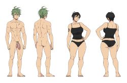 Rule 34 | 1boy, 1girl, abs, ass, barefoot, black hair, black panties, blue eyes, breasts, brown eyes, clothed female nude male, crotch, dimples of venus, feet, flaccid, full body, glans, green hair, groin, hand on own hip, highres, ichan, ichan-desu, large breasts, large penis, looking at viewer, multiple views, muscular, navel, nipples, nude, official art, panties, pectorals, penis, pubic hair, scar, scar on chest, sgt crisis, short hair, simple background, smile, standing, stomach, tattoo, testicles, thighs, third-party edit, underwear, urethra, veins, veiny penis, white background