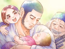 Rule 34 | 1boy, 3girls, ainu, ainu clothes, beard, black hair, blush, buzz cut, character request, child, closed mouth, facial hair, facial scar, father and daughter, golden kamuy, head on another&#039;s shoulder, lips, long sideburns, male focus, mature male, multiple girls, nopinzo, old, old woman, scar, scar on cheek, scar on face, short hair, sideburns, smile, tanigaki genjirou, thick eyebrows, upper body, very short hair