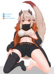 Rule 34 | 1girl, absurdres, alchemy stars, bad id, bad pixiv id, belt, black jacket, black legwear, black scarf, black shorts, bra, grabbing another&#039;s breast, eyebrows hidden by hair, facebook username, grabbing, grabbing own breast, highres, jacket, kneeling, leg grab, medium hair, midriff, navel, open clothes, patreon username, red hair, red tail, scarf, short shorts, shorts, simple background, solo, tail, tony rogers, twitter username, underwear, white background, white hair, white tail, yellow eyes