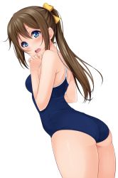 Rule 34 | 1girl, blue eyes, blush, bow, brown hair, hair between eyes, hair bow, highres, hino minato (spec.c), long hair, looking at viewer, love live!, love live! nijigasaki high school idol club, one-piece swimsuit, open mouth, osaka shizuku, ponytail, school swimsuit, sidelocks, solo, swimsuit, underbutt, white background, yellow bow