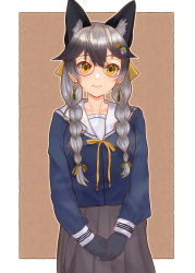 Rule 34 | 1girl, absurdres, adapted costume, alternate eyewear, alternate hairstyle, animal ears, bell, black hair, blue shirt, braid, commentary request, cowboy shot, earrings, extra ears, fox ears, glasses, gloves, grey hair, grey skirt, hair tie, highres, huge filesize, jewelry, kemono friends, long hair, long sleeves, multicolored hair, neck ribbon, own hands together, pleated skirt, ponta (matsuokazieg), ribbon, sailor collar, school uniform, shirt, silver fox (kemono friends), skirt, sleeve cuffs, solo, sweater, twin braids, yellow eyes, yellow ribbon