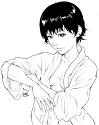 Rule 34 | 1980s (style), 1girl, akira (manga), black hair, breasts, cleavage, earrings, greyscale, jewelry, kei (akira), lips, looking at viewer, low8gm, midriff, monochrome, naked shirt, oldschool, open clothes, open shirt, retro artstyle, shirt, short hair, signature, sketch, small breasts, solo