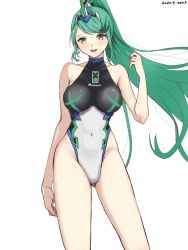 Rule 34 | 1girl, 2020, blush, breasts, competition swimsuit, covered navel, cowboy shot, dated, earrings, female focus, greek text, green eyes, green hair, hairband, highleg, highleg swimsuit, highres, jewelry, large breasts, long hair, looking at viewer, matching hair/eyes, one-piece swimsuit, open mouth, pneuma (xenoblade), ponytail, simple background, smile, swimsuit, very long hair, white background, xenoblade chronicles (series), xenoblade chronicles 2, yamamori kinako