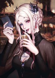 Rule 34 | 1girl, 2023, absurdres, alternate costume, black shirt, blonde hair, blue eyes, blurry, blurry background, breasts, card, chinese commentary, cleavage, cleavage cutout, clothing cutout, commentary, cup, dangle earrings, drinking glass, earrings, eirene (path to nowhere), eye glitter, eyeliner, gem, head tilt, headpiece, heterochromia, highres, holding, holding card, holding cup, jewelry, linceyang, lipgloss, looking at viewer, makeup, medium breasts, nail polish, parted bangs, path to nowhere, pink eyes, red gemstone, red lips, red nails, see-through, see-through sleeves, shirt, signature, smile, solo, updo, upper body, wine glass