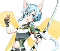 Rule 34 | 1girl, animal ears, armor, black ribbon, blue eyes, blue hair, bow (weapon), breastplate, cat ears, cat tail, hair between eyes, hair ribbon, holding, holding bow (weapon), holding weapon, looking at viewer, midriff, navel, parted lips, ribbon, short hair with long locks, sidelocks, sinon (sao-alo), solo, standing, stomach, sword art online, tail, transparent background, upper body, weapon, yellow wings