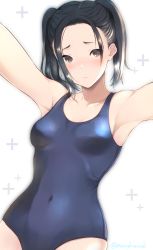 Rule 34 | 1girl, armpits, arms up, artist name, black hair, blue one-piece swimsuit, blush, breasts, collarbone, covered navel, head tilt, highres, kobayakawa rinko, looking at viewer, love plus, masaoka misaki, one-piece swimsuit, parted lips, school swimsuit, shiny clothes, small breasts, solo, swimsuit, twintails, twitter username