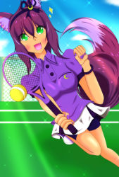 Rule 34 | 1girl, ball, blue sky, highres, nail polish, purple hair, racket, ruhuyu (show by rock!!), show by rock!!, skirt, sky, tennis, tennis ball, tennis girl, tennis racket, white skirt