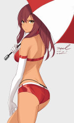 Rule 34 | 1girl, ass, back, bare shoulders, bikini, black bikini, brown eyes, closed mouth, cowboy shot, dark-skinned female, dark skin, dated, elbow gloves, frown, girls&#039; frontline, gloves, grey background, highres, holding, holding umbrella, long hair, looking at viewer, looking back, micro shorts, official alternate costume, race queen, red bikini, red hair, red shorts, revision, saiga-12 (crimson navigator) (girls&#039; frontline), saiga-12 (girls&#039; frontline), shorts, signature, solo, standing, swimsuit, twitter username, umbrella, unel, v-shaped eyebrows, white gloves
