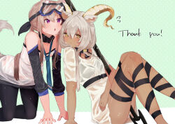 Rule 34 | animal ear fluff, animal ears, arknights, bare shoulders, beeswax (arknights), black collar, bra visible through clothes, breasts, cardigan, cardigan (arknights), collar, commission, dark-skinned female, dark skin, dog ears, dog girl, dog tail, dress, goat ears, goat girl, goat horns, goggles, goggles on head, gold horns, harikomi, holding, holding staff, horns, infection monitor (arknights), leg ribbon, multicolored hair, purple eyes, ribbon, see-through, see-through shirt, shirt, simple background, skeb commission, small breasts, staff, streaked hair, tail, wet, wet clothes, wet shirt, white cardigan, white dress, white hair, yellow eyes, yuri