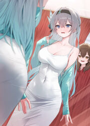 Rule 34 | 2girls, absurdres, alternate costume, alternate eye color, alternate hair color, aqua jacket, ass, black hairband, blurry, blurry foreground, blush, breasts, brown eyes, brown hair, changing room, cleavage, collarbone, covered navel, dongtan dress, dress, embarrassed, firefly (honkai: star rail), grey hair, hair between eyes, hair ornament, hairband, highres, honkai: star rail, honkai (series), huhi (huhi 1211), jacket, large breasts, long hair, looking at another, looking at mirror, meme attire, mirror, multiple girls, nose blush, open clothes, open jacket, open mouth, purple eyes, reflection, single bare shoulder, single off shoulder, skin tight, sleeveless, sleeveless dress, sleeves past wrists, stelle (honkai: star rail), trailblazer (honkai: star rail), white dress