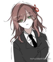 Rule 34 | 1girl, artist name, black jacket, black necktie, brown hair, formal, green eyes, hair ornament, jacket, long hair, looking at viewer, necktie, open mouth, polo shirt, rosa (tears of themis), rye (beak rie), simple background, sketch, tears of themis, unfinished, white background