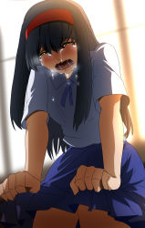 Rule 34 | 1girl, backpack, bag, black hair, clothes lift, crying, closed eyes, hairband, highres, long hair, magukappu, open mouth, original, saliva, school uniform, shirt, short sleeves, skirt, skirt lift, snot, solo, wavy mouth, window