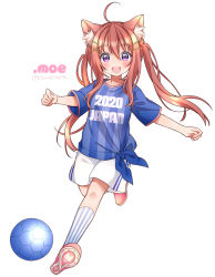 Rule 34 | 1girl, :d, ahoge, animal ears, artist name, blue shirt, blush, cat ears, cleats, full body, hair ornament, hairclip, kawanobe, looking at viewer, open mouth, original, purple eyes, shirt, shorts, sidelocks, smile, soccer, solo, sportswear, standing, tied shirt, twintails, uniform, white shorts