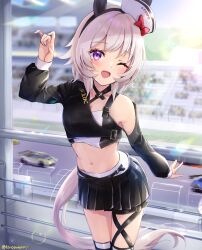 Rule 34 | 1girl, absurdres, alternate costume, animal ears, black shirt, black skirt, black sleeves, blurry, blurry background, blush, bow, car, clothing request, commentary request, cowboy shot, crop top, curren chan (umamusume), detached sleeves, ear covers, ears through headwear, grey hair, highres, horse ears, horse girl, horse tail, indoors, lens flare, long sleeves, midriff, motor vehicle, navel, one eye closed, open mouth, peteron, purple eyes, race queen, racetrack, racing, red bow, shirt, short hair, single bare shoulder, single detached sleeve, single sleeve, skirt, sleeves past wrists, smile, solo, tail, thigh strap, twitter username, umamusume, undershirt, white headwear, window
