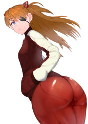 Rule 34 | 1girl, ass, blue eyes, bodysuit, brown hair, evangelion: 3.0 you can (not) redo, eyepatch, hands in pockets, highres, huge ass, jacket, long hair, looking at viewer, looking back, neon genesis evangelion, plugsuit, rebuild of evangelion, red bodysuit, sikijou77o, solo, souryuu asuka langley, thick thighs, thighs, white background