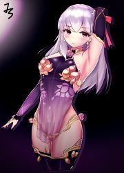 Rule 34 | 1girl, absurdres, arm up, armpits, bare hips, bare shoulders, blush, breasts, closed mouth, collarbone, cowboy shot, cropped legs, dot nose, dress, fate (series), gold trim, gradient dress, groin, highres, jungtong, kama (fate), kama (second ascension) (fate), legs together, long hair, looking at viewer, pelvic curtain, purple background, purple dress, red eyes, see-through, sideboob, silver hair, small breasts, solo