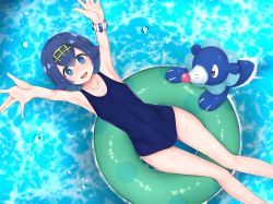 Rule 34 | 1girl, arms up, bare arms, bare shoulders, blue eyes, blue hair, blue one-piece swimsuit, breasts, collarbone, commentary request, creatures (company), from above, game freak, gen 7 pokemon, hair between eyes, hair ornament, hairband, highres, in water, innertube, lana (pokemon), looking at viewer, lying, navel, nintendo, one-piece swimsuit, pokemon, pokemon (creature), pokemon sm, rocha (aloha ro cha), short hair, small breasts, swim ring, swimsuit, water