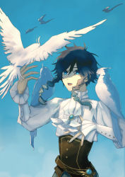 Rule 34 | 1boy, absurdres, androgynous, animal, animal on arm, animal on shoulder, ascot, bird, bird on arm, bird on hand, bird on shoulder, black hair, blue hair, braid, brooch, commentary request, corset, day, frilled sleeves, frills, gem, genshin impact, gradient hair, green eyes, hand on own chest, highres, jewelry, long sleeves, looking at viewer, male focus, multicolored hair, n.s.egg, open mouth, outdoors, shirt, short hair with long locks, sidelocks, simple background, smile, solo, twin braids, venti (genshin impact), vision (genshin impact), white shirt