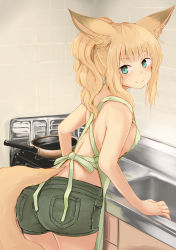 Rule 34 | 1girl, animal ears, apron, aqua eyes, ass, bare arms, bare shoulders, batta (kanzume quality), blonde hair, blunt bangs, blush, breasts, closed mouth, commentary request, cowboy shot, denim, denim shorts, fox ears, fox girl, green shorts, indoors, kitchen, leaning on object, long hair, looking at viewer, looking back, nib pen (medium), no bra, no shirt, ponytail, shorts, sideboob, sink, small breasts, smile, solo, standing, traditional media