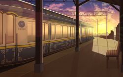 Rule 34 | absurdres, bad id, bad pixiv id, bench, biako, blue skirt, cloud, cloudy sky, commentary request, evening, gradient sky, highres, no humans, original, outdoors, scenery, skirt, sky, sun, sunlight, sunset, train, train station, yellow sky