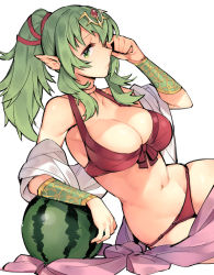 Rule 34 | 1girl, bikini, blush, bracer, breasts, cleavage, fire emblem, fire emblem: mystery of the emblem, fire emblem awakening, fire emblem heroes, food, front-tie top, fruit, ge-b, green eyes, green hair, hair ornament, hair ribbon, large breasts, long hair, looking at viewer, navel, nintendo, pointy ears, ponytail, red bikini, red ribbon, ribbon, sarong, simple background, sketch, solo, swimsuit, tiki (adult) (fire emblem), tiki (adult) (summer) (fire emblem), tiki (fire emblem), watermelon, white background