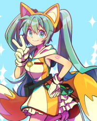 Rule 34 | 1girl, animal ear headwear, animal ears, aqua hair, breasts, cosplay, dress, fake animal ears, fox ears, fox tail, gloves, hand on own hip, hatsune miku, hood, hood down, long hair, looking at viewer, misuta710, multicolored clothes, multicolored dress, multiple tails, sleeveless, smile, solo, sonic (series), tail, tails (sonic), tails (sonic) (cosplay), twintails, two tails, v, very long hair, vocaloid, white dress, white gloves, yellow dress