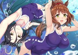 Rule 34 | 2girls, ahoge, alternate hairstyle, animal ears, armpits, arms up, aston machan (umamusume), black hair, blue one-piece swimsuit, breasts, brown hair, commentary request, competition school swimsuit, competition swimsuit, ear ornament, food, green eyes, hair between eyes, highres, horse ears, horse girl, horse tail, large breasts, long hair, manhattan cafe (umamusume), medium breasts, multicolored hair, multiple girls, one-piece swimsuit, open mouth, ponytail, school swimsuit, smile, streaked hair, submerged, swimming, swimsuit, tail, tracen swimsuit, umamusume, underwater, very long hair, wafer, white hair, yellow eyes, zenrakishi