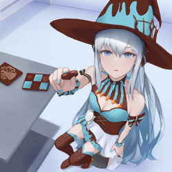 Rule 34 | 1girl, bad id, bad pixiv id, bed, blue eyes, blush, box, box of chocolates, candy, chocolate, chocolate heart, collar, fate/grand order, fate (series), food, gift, giving, grey hair, hat, heart, highres, holding, holding chocolate, holding food, looking at viewer, morgan le fay (fate), morgan le fay (valentine witches) (fate), nail polish, solo, spiked collar, spikes, sweets, table, torayotorayomonekonouchi, valentine, witch, witch hat