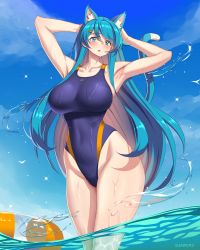 Rule 34 | 1girl, absurdres, animal ears, aqua eyes, black one-piece swimsuit, blue hair, blue sky, breasts, cat ears, cat tail, cloud, commentary, competition swimsuit, cowboy shot, danfer3, day, english commentary, gradient hair, highres, innertube, large breasts, leena (danfer3), mixed-language commentary, multicolored hair, one-piece swimsuit, original, outdoors, sky, soaking feet, solo, spanish commentary, standing, swim ring, swimsuit, tail, wading