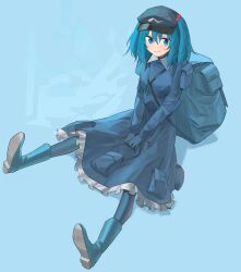 Rule 34 | 1girl, absurdres, aesur a, backpack, bag, blue background, blue eyes, blue footwear, blue hair, blue headwear, blue skirt, blue theme, boots, closed mouth, frilled skirt, frills, hair bobbles, hair ornament, highres, kawashiro nitori, key, long sleeves, looking at viewer, pocket, rubber boots, short hair, simple background, skirt, smile, solo, touhou, two side up