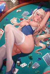 Rule 34 | 1girl, ace (playing card), ace of diamonds, ace of spades, animal ears, aqua bow, aqua bowtie, artist name, blonde hair, blue archive, blue bow, blue eyes, blue footwear, blue hair, blue leotard, bow, bowtie, braid, breasts, card, covered navel, detached collar, diamond (shape), exlic, fake animal ears, floating card, foreskin, futanari, hair bow, half-erect, hand on own chest, high heels, highleg, highleg leotard, highres, knee up, large breasts, leotard, light smile, long hair, looking at viewer, lying, multicolored hair, nipples, no halo, official alternate costume, on back, on table, parted lips, patreon username, penis, phimosis, playboy bunny, playing card, poker chip, poker table, precum, pumps, rabbit ears, solo, spade (shape), strapless, strapless leotard, streaked hair, table, teeth, testicles, thighhighs, toki (blue archive), toki (bunny) (blue archive), uncensored, veins, veiny penis, very long hair, white thighhighs, white wrist cuffs, wrist cuffs