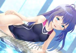 Rule 34 | 1girl, ahoge, black one-piece swimsuit, blue eyes, breasts, commentary request, commission, competition swimsuit, covered navel, dutch angle, hair between eyes, idolmaster, idolmaster million live!, kuuron, long hair, looking at viewer, lying, mizuno (brand), mochizuki anna, on side, one-piece swimsuit, poolside, purple hair, skeb commission, small breasts, smile, solo, swimsuit