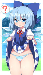 Rule 34 | 1girl, :o, ?, blue bow, blue dress, blue eyes, blue hair, blush, bow, bow panties, breasts, cirno, clothes lift, collared shirt, cowboy shot, dress, hair bow, ice, ice wings, lifted by self, neck ribbon, open mouth, panties, pinafore dress, puffy short sleeves, puffy sleeves, red ribbon, ribbon, rizento, shirt, short hair, short sleeves, skirt, skirt lift, sleeveless, sleeveless dress, small breasts, solo, spoken question mark, striped clothes, striped panties, sweatdrop, thighs, touhou, underwear, white shirt, wings