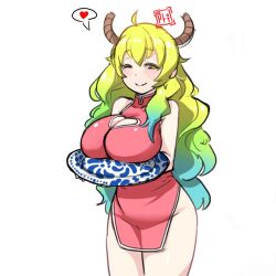 Rule 34 | 1girl, bare shoulders, black eyes, blonde hair, blue eyes, blush, breast rest, breasts, breasts on tray, carried breast rest, carrying, cleavage, cleavage cutout, clothing cutout, cowboy shot, el quijote, female focus, gradient hair, green hair, heart cutout, hip vent, horns, huge breasts, kobayashi-san chi no maidragon, long hair, looking at viewer, lucoa (maidragon), multicolored hair, one eye closed, pale skin, skin tight, solo, standing, thick thighs, thighs, white background, wide hips, wink, yellow pupils