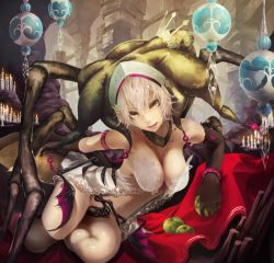 Rule 34 | 1girl, akai kitsune, ant girl, apple, arm strap, bad id, bad pixiv id, bare shoulders, black gloves, black thighhighs, breasts, candle, elbow gloves, food, fruit, gloves, large breasts, lips, monster girl, navel, orange eyes, original, pink hair, solo, thighhighs