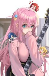 Rule 34 | &gt;o&lt;, 4girls, absurdres, aqua eyes, blonde hair, blue hair, blush, bocchi the rock!, breasts, chibi, covering own mouth, gotoh hitori, guitar, hair between eyes, hair ornament, hand over own mouth, highres, holding, holding instrument, ijichi nijika, instrument, jacket, kita ikuyo, large breasts, long hair, looking at viewer, luochao0524, mini person, minigirl, mole, mole under eye, multiple girls, open mouth, pink hair, pink jacket, pink track suit, red hair, shy, sidelocks, sweatdrop, track jacket, upper body, yamada ryo