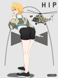 Rule 34 | 1girl, ahoge, aircraft, artist name, ass, atamonica, bike shorts, black footwear, blonde hair, blue eyes, camouflage, camouflage shirt, full body, glasses, grey background, hand to own mouth, helicopter, highres, leaning forward, looking at viewer, looking back, mi-8, off-shoulder shirt, off shoulder, original, shirt, shoes, sports bra, tagme, vehicle and personification