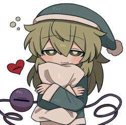 Rule 34 | 1girl, adapted costume, alternate headwear, blush, bright pupils, closed mouth, exhausted, green eyes, green hair, green hat, green jacket, hair between eyes, hat, heart, holding, holding pillow, hugging object, jacket, jaggy lines, komeiji koishi, long hair, long sleeves, looking at viewer, nightcap, no nose, pajamas, pillow, pillow hug, pom pom (clothes), solo, squeans, touhou, wavy mouth, white background, white pupils, zunusama