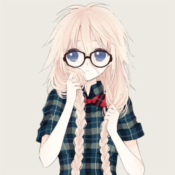 Rule 34 | 1girl, anzu (o6v6o), bespectacled, black-framed eyewear, blue eyes, bow, bowtie, braid, breasts, buttons, casual, collared shirt, eyelashes, glasses, hair between eyes, holding, holding own hair, ia (vocaloid), long hair, looking away, looking to the side, low twintails, medium breasts, pale skin, parted lips, plaid, plaid bow, plaid bowtie, plaid neckwear, plaid shirt, red bow, red bowtie, shirt, short sleeves, silver hair, simple background, solo, twin braids, twintails, upper body, vocaloid
