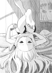 Rule 34 | 1girl, absurdres, barefoot, breasts, cellphone, crosshatching, feet, female focus, foot focus, foreshortening, hatching, hatching (texture), highres, holding, holding phone, long hair, looking at viewer, lying, monochrome, nerio (neri akira), on back, on bed, open mouth, original, phone, shade, shorts, small breasts, smartphone, soles, solo, tank top, toes, upside-down