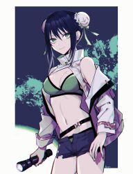 Rule 34 | 1girl, black hair, blue shorts, border, bra, breasts, bun cover, cleavage, closed mouth, cowboy shot, double bun, fate/grand order, fate (series), flashlight, green bra, green eyes, green ribbon, hair bun, hair ribbon, high collar, holding, holding flashlight, jacket, katagiri (mighty swing), long sleeves, looking at viewer, medium breasts, navel, off shoulder, open clothes, open jacket, qin liangyu (chainsaw of the dead) (fate), qin liangyu (fate), ribbon, short hair, short shorts, shorts, sidelocks, signature, solo, sports bra, sweat, underwear, wavy mouth, white border, white jacket